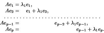 \begin{displaymath}
\begin{aligned}
Ae_1 &=\lambda_1&&e_1,{}\\
Ae_2 &= &&e_1+\...
...&e_{p-1},\\
Ae_p &=&&&&& &e_{p-1}+\lambda_1e_p.
\end{aligned}\end{displaymath}