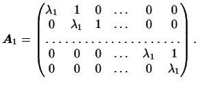 $\displaystyle \boldsymbol{A}_1= \begin{pmatrix}\lambda_1&1&0&\dots&0&0  0&\la...
...or[1.5]{6}  0&0&0&\dots&\lambda_1&1  0&0&0&\dots&0&\lambda_1 \end{pmatrix}.$