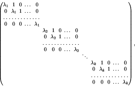 \begin{equation*}\arraycolsep2.5pt \begin{pmatrix}\begin{matrix}\lambda_1&1&0&\d...
...sfor[1.5]{5}  0&0&0&\dots&\lambda_k \end{matrix} \end{pmatrix},\end{equation*}