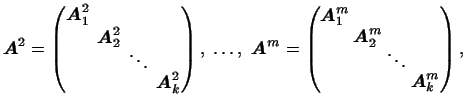 $\displaystyle \arraycolsep2pt
\boldsymbol{A}^2=
\begin{pmatrix}
\boldsymbol{A}_...
...ip-4pt}
&&\ddots\\
\noalign{\vskip-2pt}
&&&\boldsymbol{A}_k^m
\end{pmatrix},
$