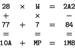 \begin{displaymath}
\begin{array}{ccccc}
\texttt{28} &
\times &
\texttt{} & ...
...ttt{10}&
+ &
\texttt{} &
= &
\texttt{18}
\end{array}
\end{displaymath}