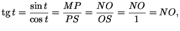 $\displaystyle \mathop{\mathrm{tg}}\nolimits t=\frac{\sin t}{\cos t}=\frac{MP}{PS}=\frac{NO}{OS}=
\frac{NO}{1}=NO,
$