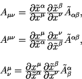 \begin{displaymath}
\begin{array}{l}
A_{\mu \nu} = {\displaystyle\partial \tilde...
...aystyle\partial x^{\nu}}
\tilde A^{\alpha}_{\beta}
\end{array}\end{displaymath}