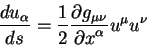 \begin{displaymath}
{\displaystyle d u_{\alpha}\over\displaystyle d s} = \frac{1...
...mu
\nu}\over\displaystyle\partial x^{\alpha}} u^{\mu} u^{\nu}
\end{displaymath}