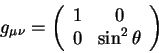 \begin{displaymath}
g_{\mu \nu} =\left(
\begin{array}{cc}
1 & 0 \\
0 & \sin^2 \theta \\
\end{array}\right)
\end{displaymath}